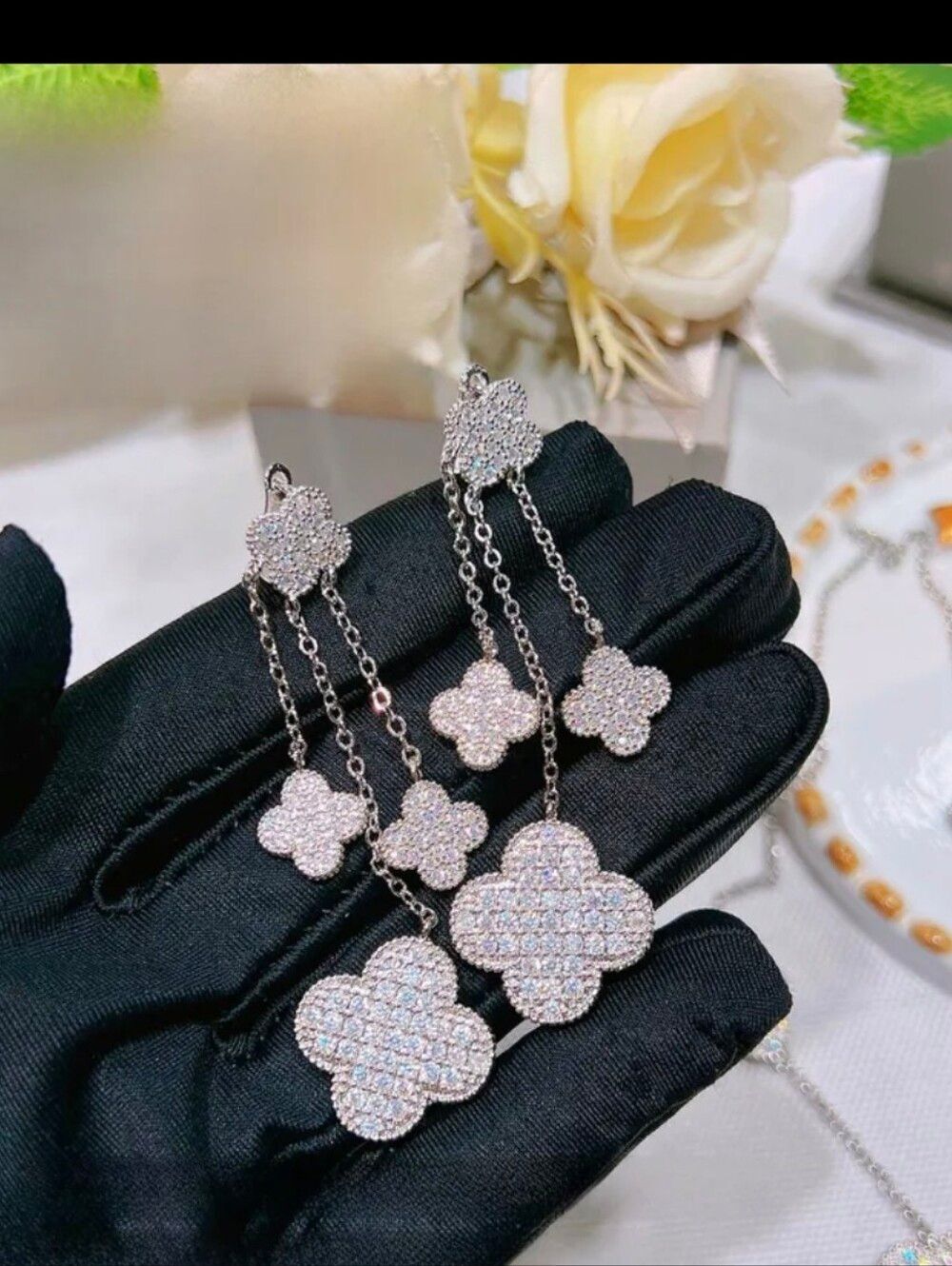 Silver Plated Four-Leaf Clover Diamond Dangle Earrings